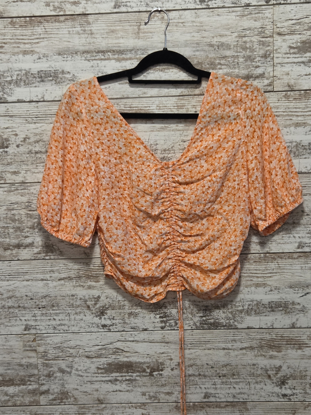 Women’s Orange Floral Ruched V-Neck Top